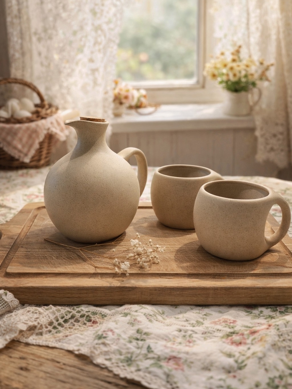 Vintage Beige Ceramic Pitcher & Mug Set — Cottagecore Farmhouse Decor